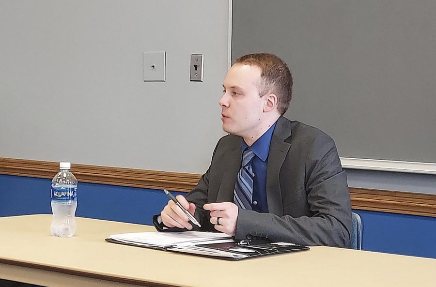 Daniel Fox, one of four candidates for the position director of the Martin Luther King Jr. University Union, answers questions by Eastern faculty during the open session on Wednesday afternoon in the Oakland Room in the Union. Fox spent Wednesday on Easterns campus meeting administration, touring campus and being interviewed.