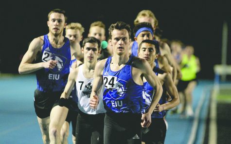 Eastern redshirt senior Dustin Hatfield (24) competes in the men’s 5,000-meter run at the EIU Big Blue Classic on April 1 and O’Brien Field. Hatfield did not finish the event, but set a school record in the 5,000 meters the previous week at the Raleigh Relays with a time of 13:53.21.