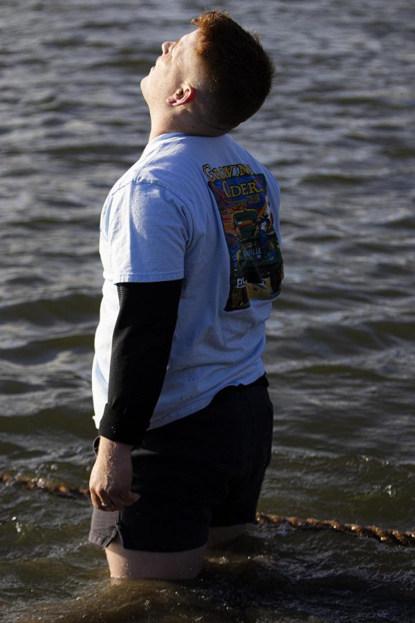 Logan Trent, a junior criminolgy and criminal justice major, and a member of the Sigma Alpha Epsilon Fraternity Inc., expresses a tough lost at the Tugs event for Greek Week on Monday evening at the Campus Pond on April 18, 2022 at Eastern Illinois University in Charleston, Ill.