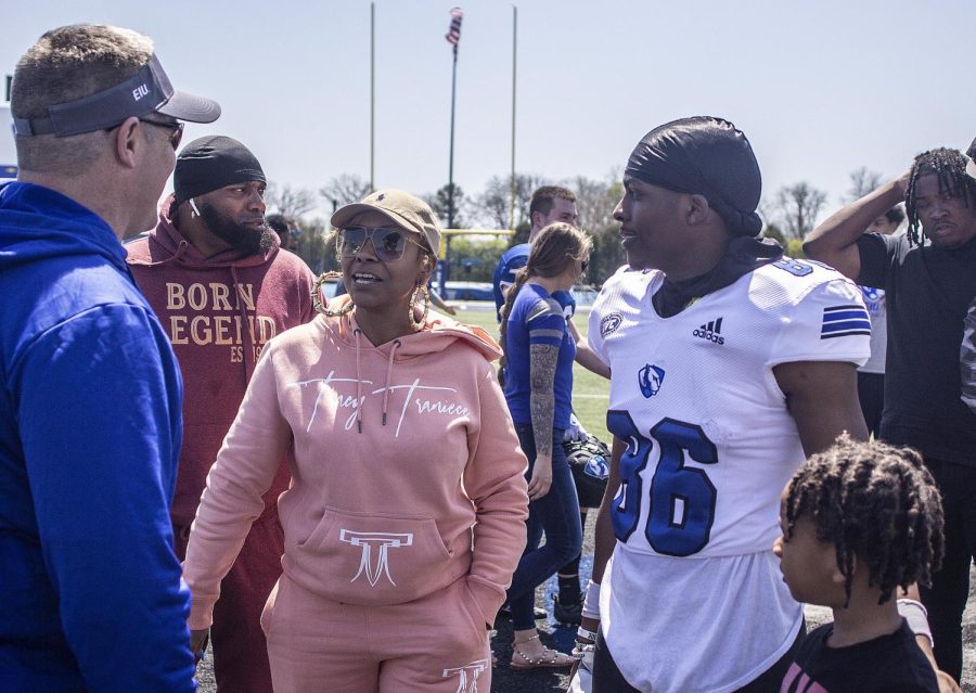 Wide receiver Lazerick Eatman, a junior sport management major, introduces his family, his mom Crystal Eatman, his father Richard Harringotn Jr. and his nephew Kaiden Eatman, to Head Coach Chris Wilkerson after the Alumni Social Spring Game Saturday afternoon at OBrien Field.