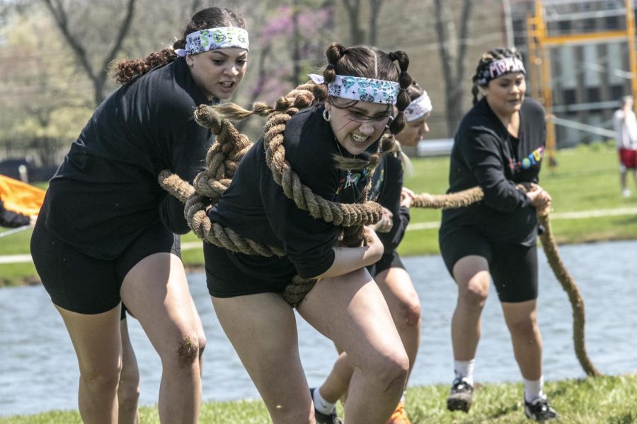 Members of Sigma Kappa run back with the rope at the start of the Tugs finals Saturday afternoon at the Campus Pond. Sigma Kappa took second place in the finals. 
