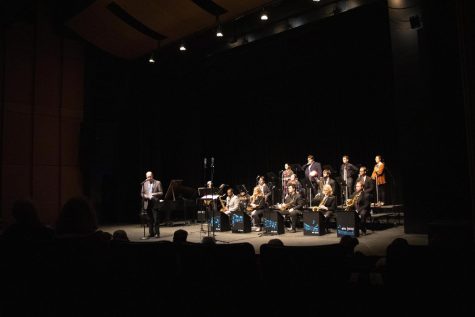 Sam Fagaly directs 10 songs at the Jazz Ensemble featuring Saxophones, Trumpets, Trombones, and the Rhythm Section on Tuesday night in Doudna Fine Arts Center, April 26, 2022 at Eastern Illinois University in Charleston, Ill.