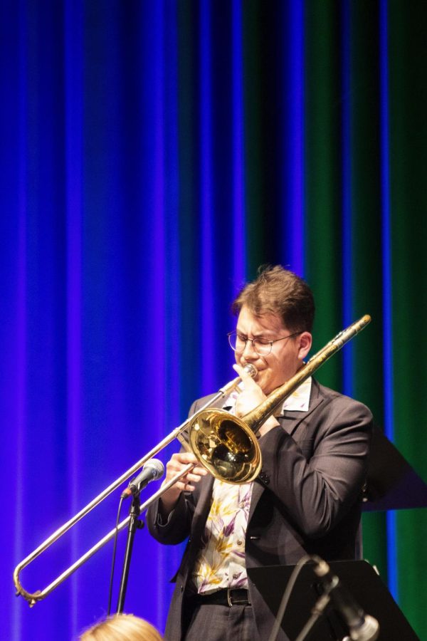Daniel Torres, a musical performance major, plays the trombone as apart of the Jazz Ensemble Spring 2022 Personnel Tuesday night in Doudna Fine Arts Center.