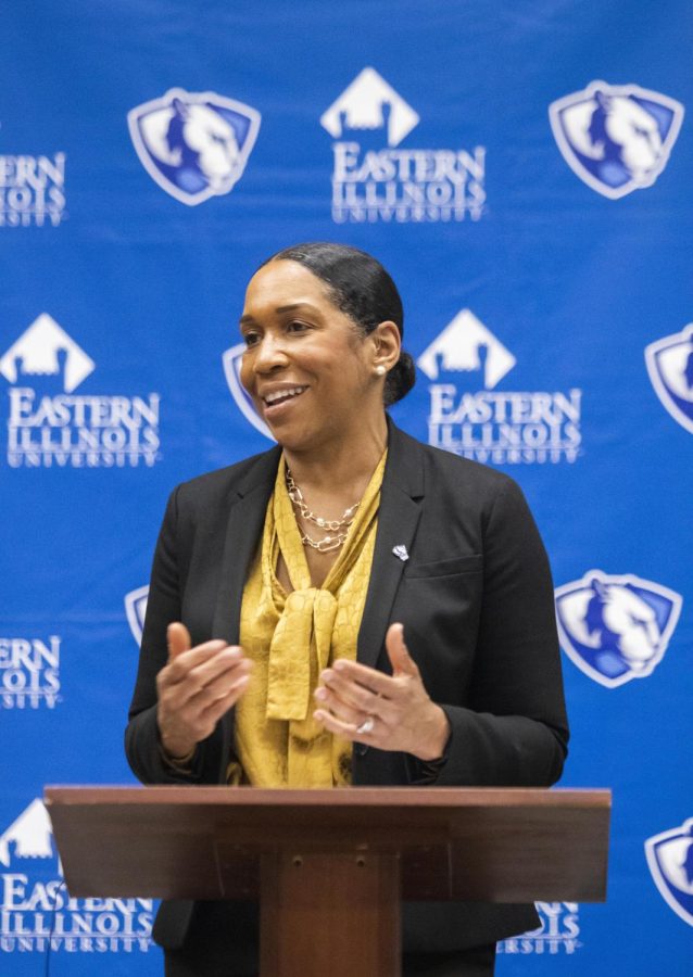 The Lieutenant Governor of Illinois, Juliana Stratton, visits Eastern Illinois University as apart of her Illinois college tour, to talk about teacher education and answer questions from an audience on Wednesday afternoon in Buzzard Auditorium. 