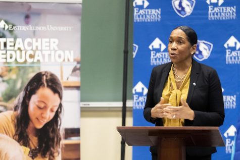 As apart of her Illinois college tour, The Lieutenant Governor of Illinois, Juliana Stratton, visits Eastern Illinois University and talks about teacher education and the topics of mental health, as well as teacher diversity, in the Buzzard Hall auditorium on Wednesday afternoon.