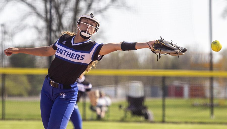 Pitcher Olivia Price attempts to catch a line drive up the middle during the first game of a doubleheader Wednesday afternoon against SIUE. The Panthers won the game 6-5 in 11 innings, with Price picking up the win after pitching 8.1 shutout innings in relief.