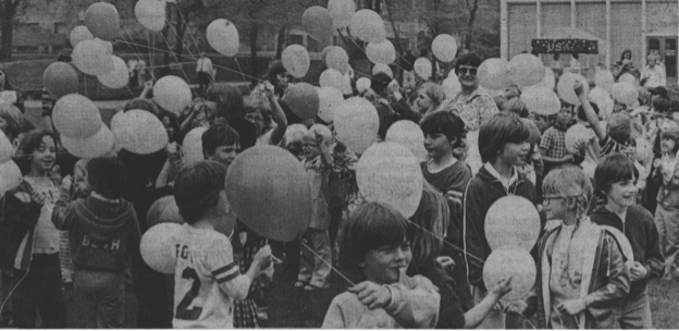 This photo was found in the April 25, 1977, edition of the News and was originally captioned, “Balloons add color to opening activities of Eastern’s ‘Celebration ’77,’ held here Friday, Saturday and Sunday. The festival drew craftsmen, artists and visitors from several areas.” 