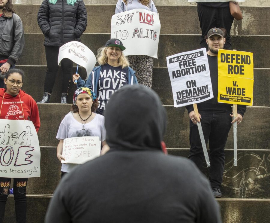 Over a dozen people spoke to the crowd, voicing concerns and opinions about the outcome of the Supreme Court draft that potentially indicates support for overturning Roe v. Wade Thursday afternoon.