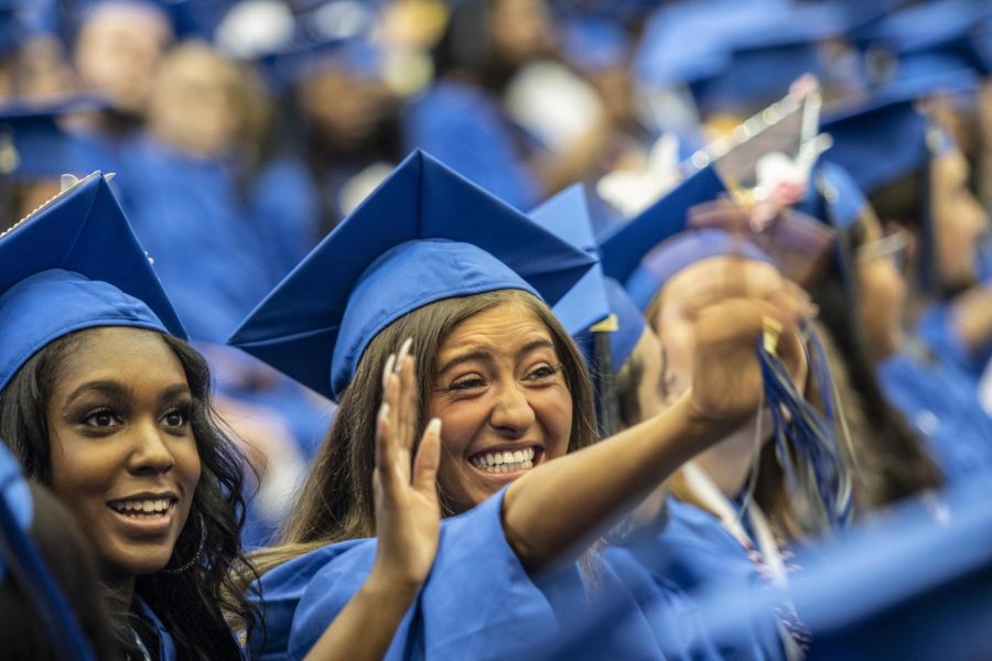 Members of the Eastern Class of 2022 celebrate a fellow graduate receiving their diploma during the 2022 spring commencement ceremony in Lantz Arena Saturday afternoon, May 7, 2022.