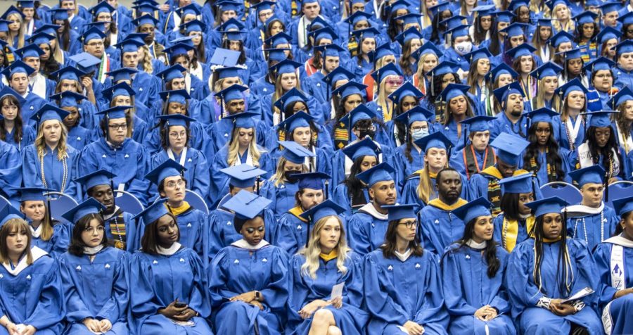 The Eastern Illinois University Class of 2022 listen to Commencement Speaker Carl Mito during the commencement ceremony at Lantz Arena Saturday afternoon.