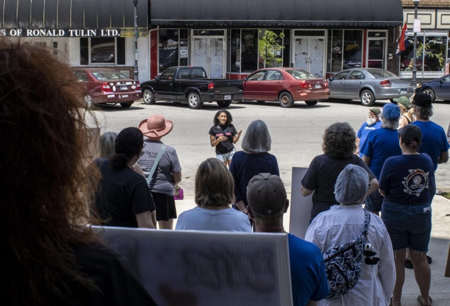 Sharifa Hurtault, a junior TV and Video production major, gives a speech during the pro-choice rally at the Coles County Courthouse steps Saturday afternoon.