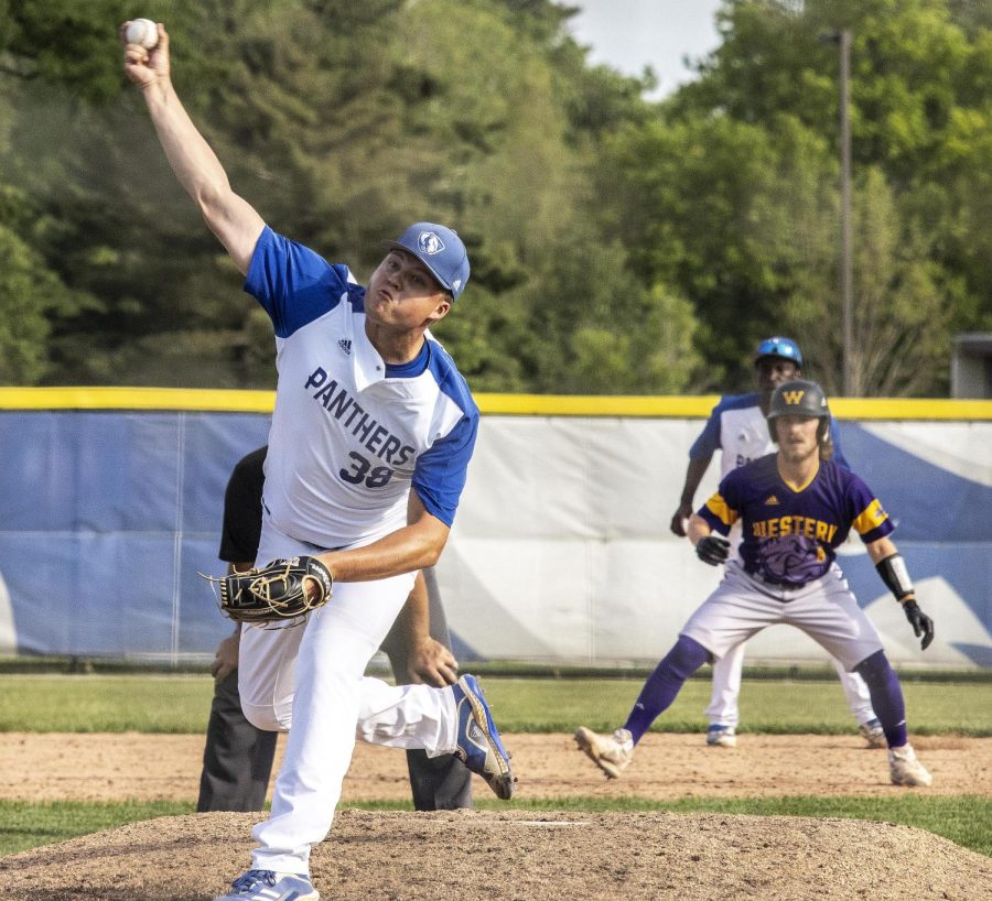Junior right-handed pitcher Zane Robbins relieved Jackson Nichols, a sophomore right-handed pitcher, in the top of the ninth inning during the Panthers Senior Day game against the Western Illinois University Leathernecks Tuesday afternoon.