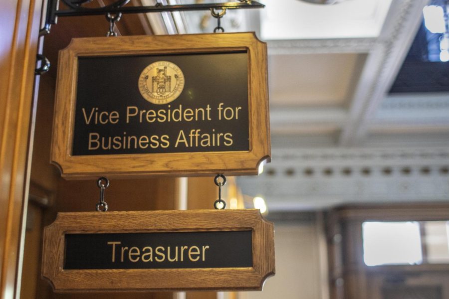 A sign in front of an empty office left by former Vice President of Business Affairs Sean Reeder after leaving Eastern in late March to start as the Vice Chancellor for Administration at the University of Missouri-Kansas City.