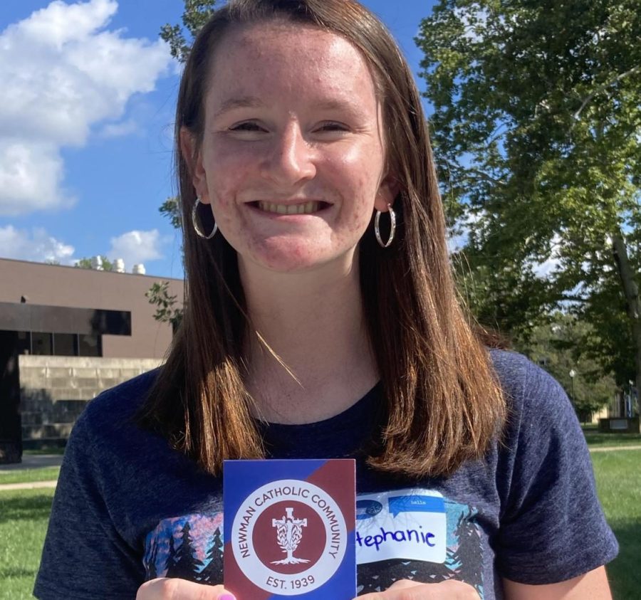 Stephanie Buck, a sophomore elementary education major, poses for a picture in the Library Quad after attending the Christian Faith Communities Find Your Fit session Sunday afternoon.