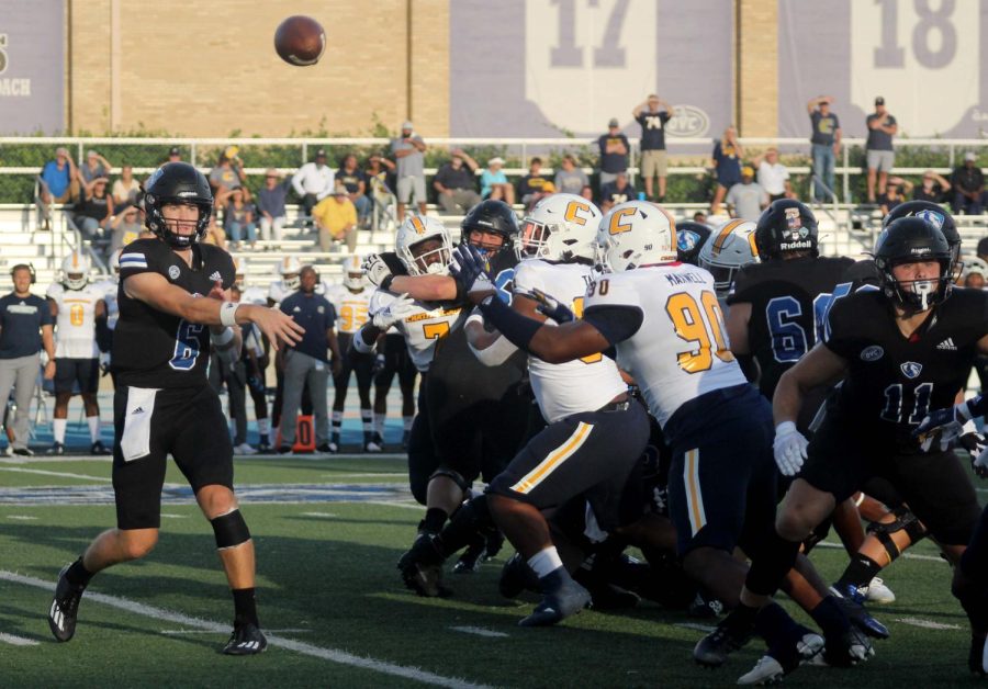 Jonah OBrien, a redshirt sophomore quarterback, attempts a pass during the Panthers first home game of the 2022 season against the University of Tennessee- Chattanooga Mocs on Saturday evening at OBrien Field. The Panthers lost 38-20 to the Mocs. OBrien completed 18-of-28 pass attempts, passing for a total of 183 yards with 2 touchdowns.