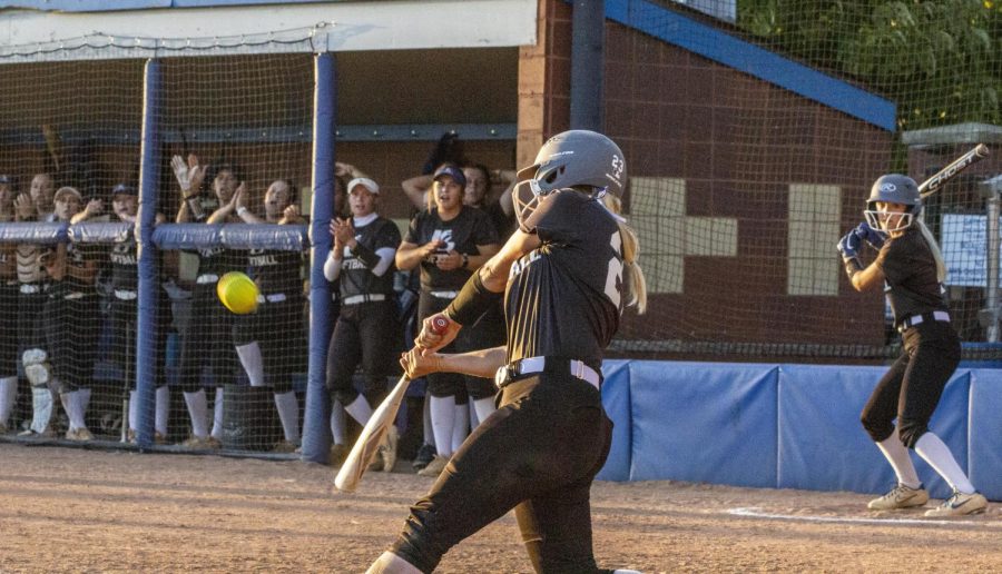 Morgan Lewis, a sophomore infielder, hits the ball during the game against John A. Logan College at Williams Field Thursday afternoon.