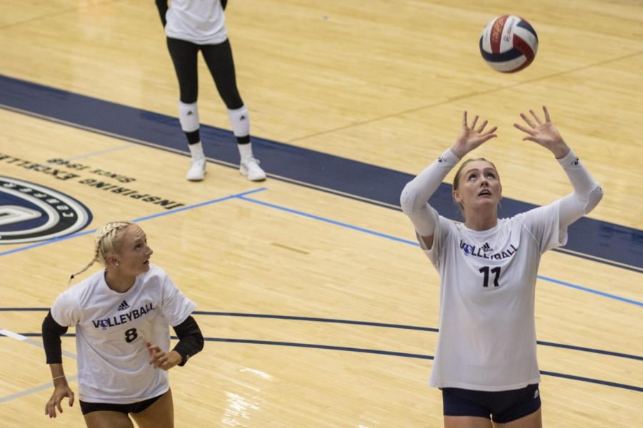 Kaitlyn+Flynn+%28right%29%2C+sophomore+outside+hitter%2C+sets+the+ball+during+volleyball+practice+Thursday+afternoon+at+Lantz+Arena.+The+Panthers+will+start+OVC+play+against+the+Southern+Illinois+University-Edwardsville+Cougars.