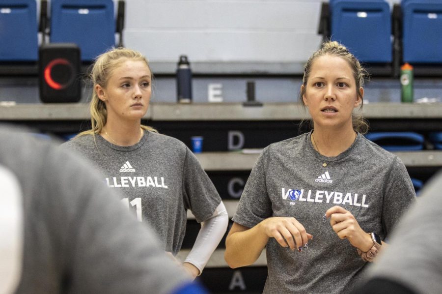 Head Volleyball Coach Sara Thomas talks to players about what to work on during volleyball practice Tuesday afternoon at Lantz Arena.