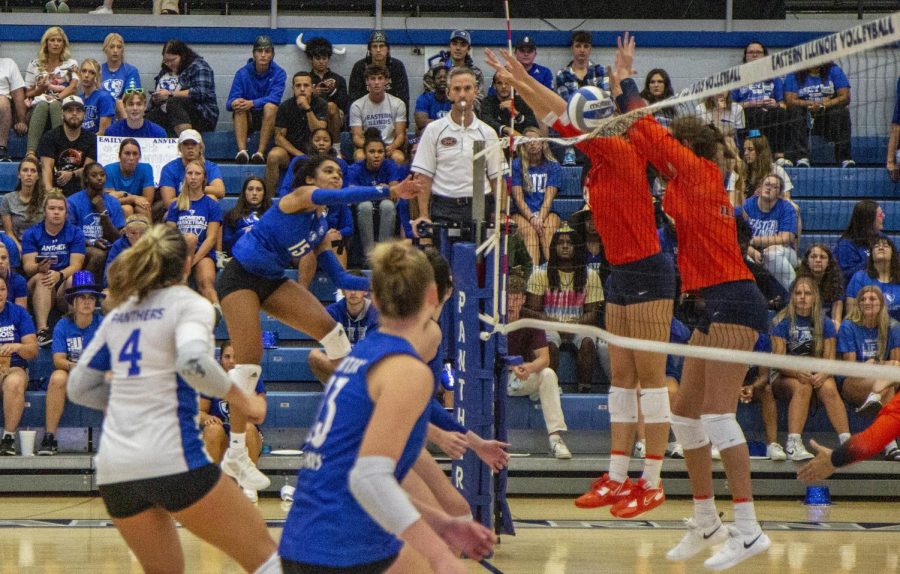 Number 15 Giovana Larregui Lopez, a junior outside hitter, spikes the ball during the volleyball game against the Illinois State University Redbirds at Lantz Arena Wednesday evening. The Panthers lost 3-0 to the Redbirds.