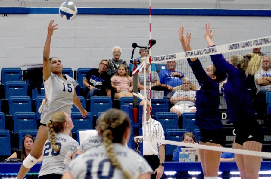 Junior Outside Hitter Giovana Larregui Lopez hits the ball over the net during the match against the Western Illinois University Leathernecks Tuesday evening at Lantz Arena. The Panthers lost 3-0 to the Leathernecks. Larregui Lopez had 3 spikes, 14 kills and scored 14 points.