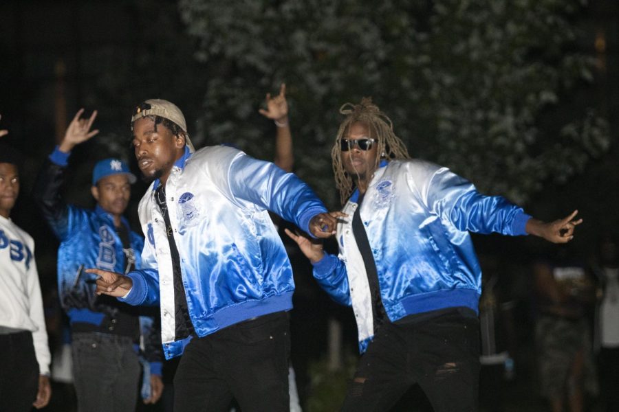 Phi Beta Sigma Fraternity, Inc. members stroll in the Meet The Greeks event on Friday evening.