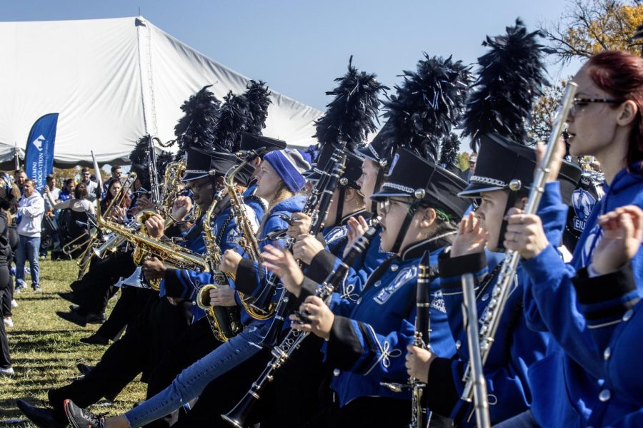 The Panther Marching Band performs the War Chant during the Homecoming Game Tailgate before the start of the football game against the Lindenwood Lions at Tent City Saturday afternoon.