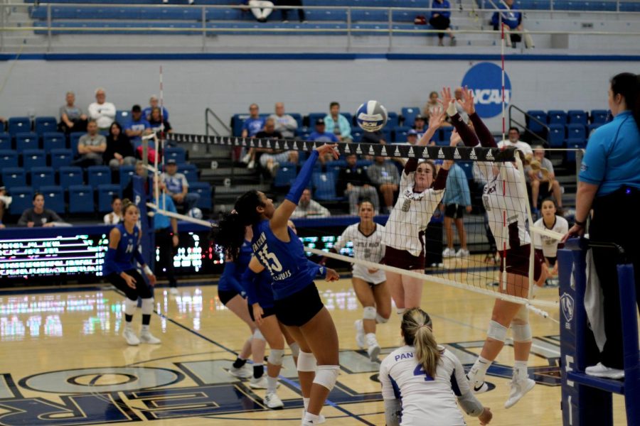 Number 15 Giovana Larregui Lopez, a junior outside hitter, spikes the ball during the volleyball game against the University of Arkansas- Little Rock Trojans at Lantz Arena Saturday afternoon, Oct. 1, 2022. Lopez had 3 spikes, 8 kills and scored 10.5 points. The Panthers won 3-0 to the Trojans.