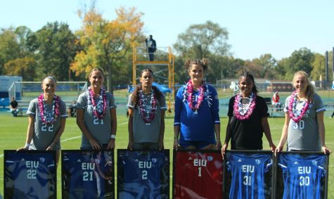 Six senior womens soccer players stand with their framed jerseyes and leis before the start of their Senior Day game against the UT Martin Skyhawks at Lakeside Field Sunday afternoon. The Panthers and Skyhawks tied 1-1.
