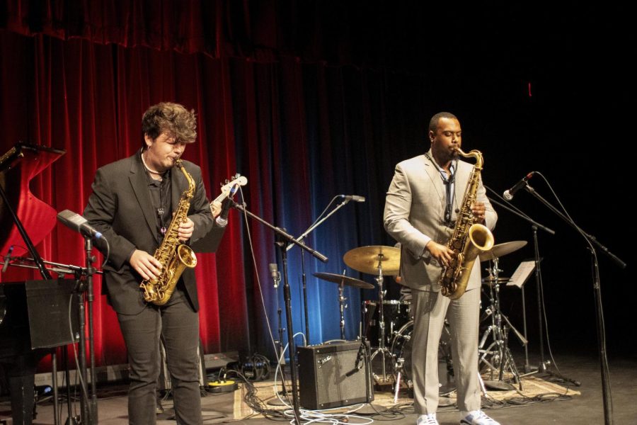 August Frisby, a junior music performance major and alto saxophone player, and Kyle Huddleston, a tenor saxophone player, both apart of the Blue Note Quintet, perform Cornbread by Lee Morgan in the Black Box Theatre of Doudna Fine Arts Center Thursday night.