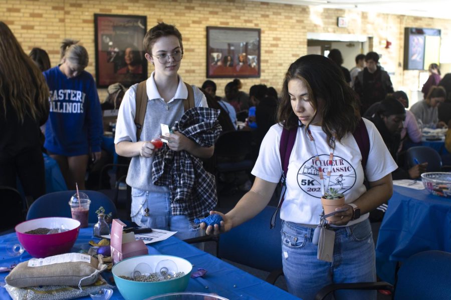 Students are able to make their own stress balls made with balloons and different items to put inside at the mental health fair in Martin Luther King Jr. University Union.