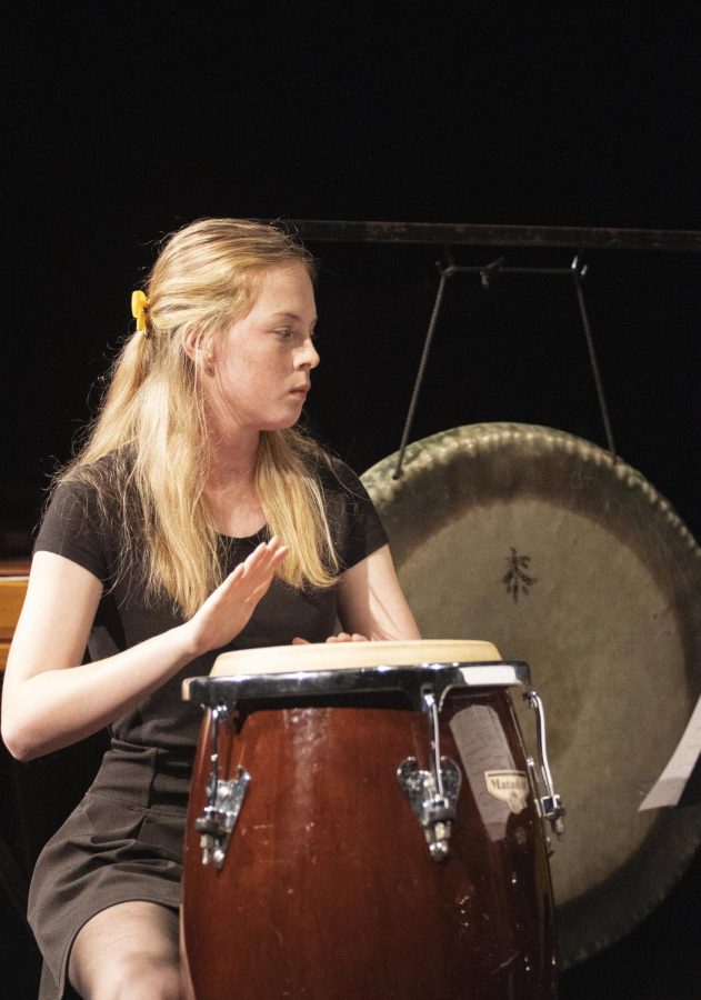 Stormy Daniels performs in the percussion ensemble for the piece But We Have X instead of Y by Quinn Mason in the Black Box Theatre of Doudna Fine Arts Center Tuesday night.