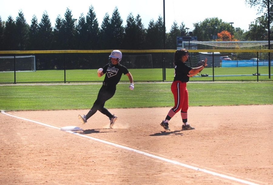 A member of the Eastern softball team hits one of the bases during the game vs. Wabash Valley College at Williams Field.