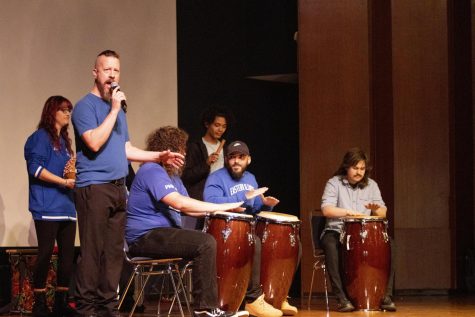 The percussionist part of the Panther Marching Band perform two different pieces, the first from Cuba, and the second from Brazil, at the Dia De Los Muertos Gala.