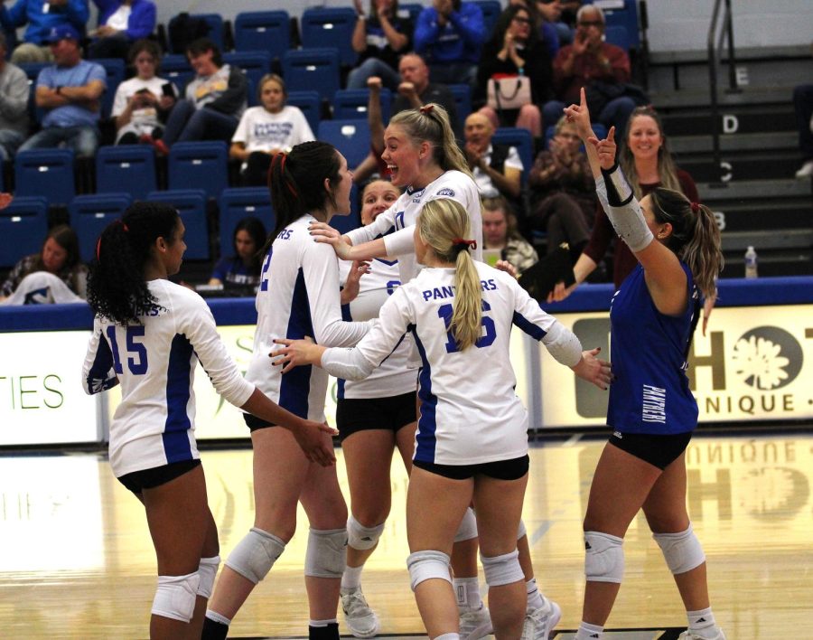 The Panther volleyball team celebrates scoring a point against the Tennessee Tech Golden Eagles at Lantz Arena. The Panthers lost 3-1 against the Golden Eagles.