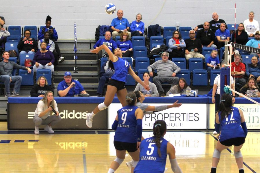 Outside hitter Giovana Larregui Lopez spikes the ball against Tennessee Tech during their match at Lantz Arena. The Panthers lost 3-2 against the Golden Eagles.