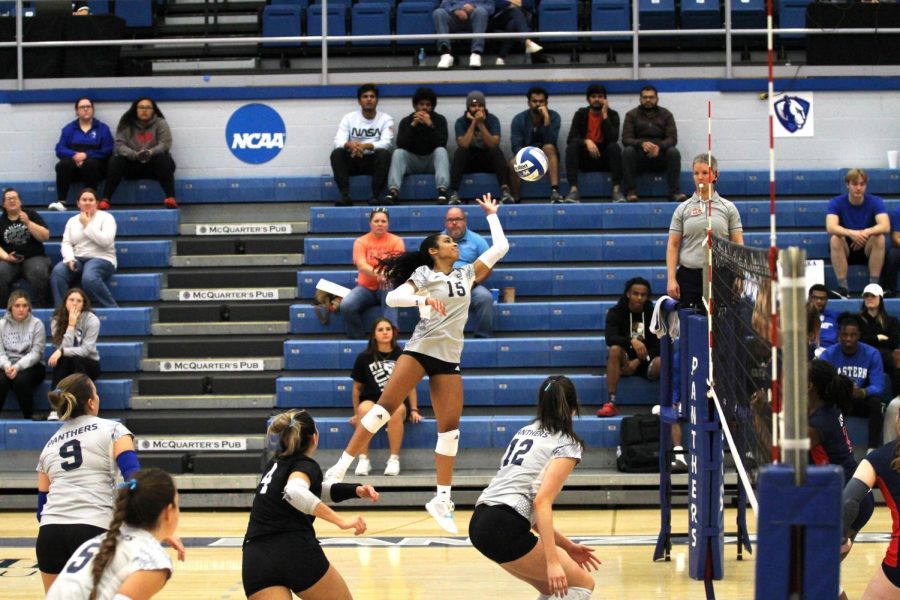 Outside+hitter%2C+Giovana+Larregui+Lopez+%2815%29+jumps+up+to+spike+the+ball+against+University+of+Southern+Indiana+at+Lantz+Arena.+The+Panthers+won+3-0.