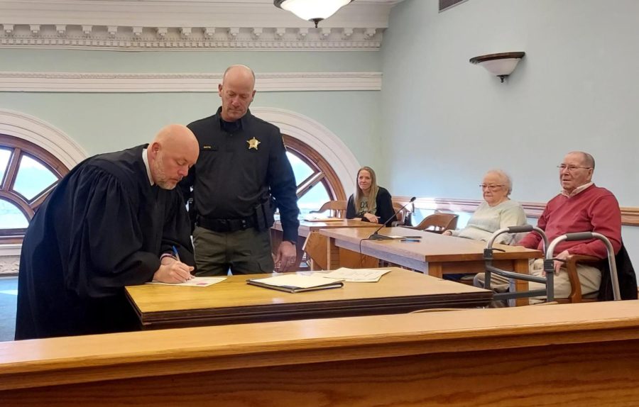 5th Judicial Circuit Court of Illinois presiding Judge Mark Bovard swears in the new Coles County Sheriff Kent Martin at the Coles County Courthouse Thursday morning.