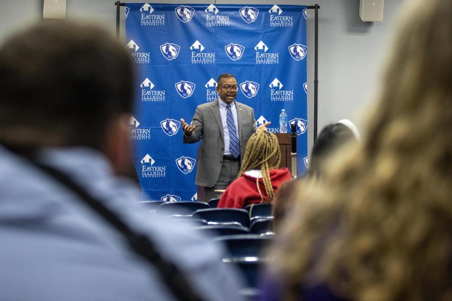 David Brennen, one of four presidential candidates, answers a question about increased funding for athletics in the Arcola-Tuscola room of Martin Luther King Jr. University Union Thursday afternoon. Brennen said he can’t promise anything but he loves fundraising by getting involved with alumni and speaking with state legislators. 