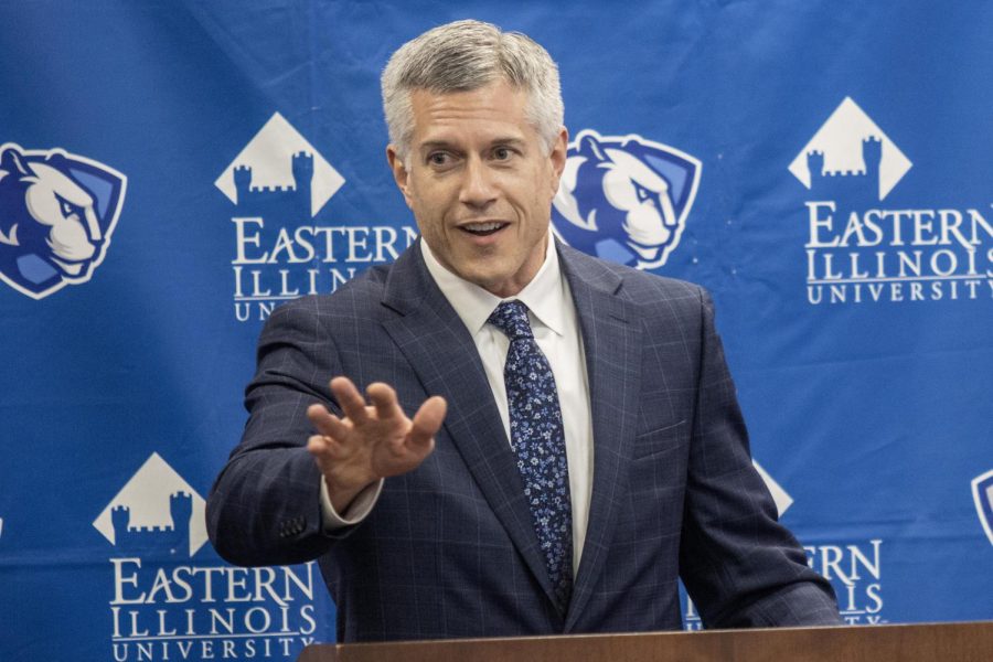 Michael Godard, introduces himself to students during his presidential interview for Eastern Illinois Universitys next presidential in the Arcola/Tuscola room in the Martin Luther King Jr. University Union Monday afternoon. Godard is a first generation student and said he wants to focus on diversity, equity, and inclusion.