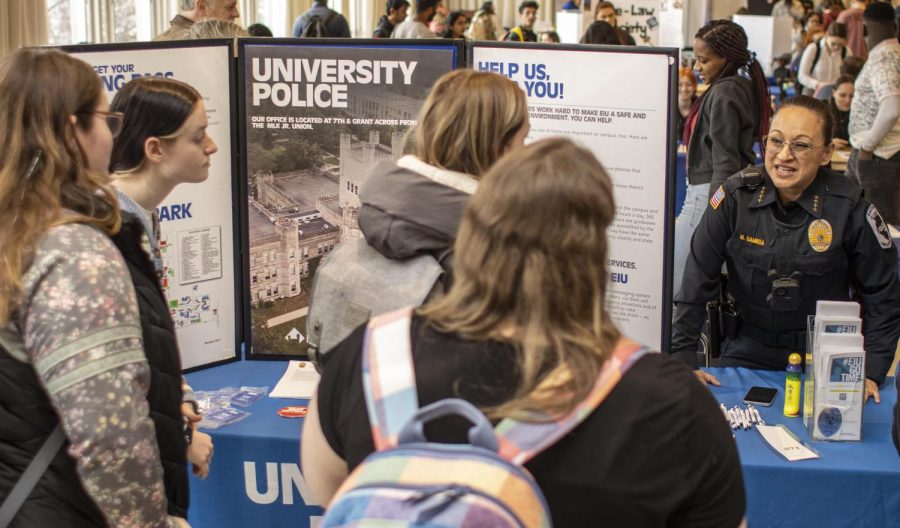 Eastern Illinois University Police Chief Marisol Gamboa talks with students about the Rape Aggression Defense training that University Police Department sponsors at Pantherpalooza Tuesday afternoon in the Grand Ballroom.