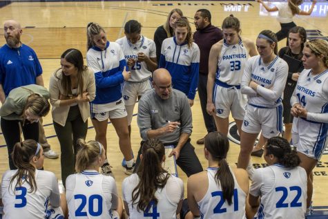 Eastern Illinois University womens basketball Coach Matt Bollant instructs players during a timeout in the in Saturday afternoon game against Southeast Missouri State University at Lantz Arena.