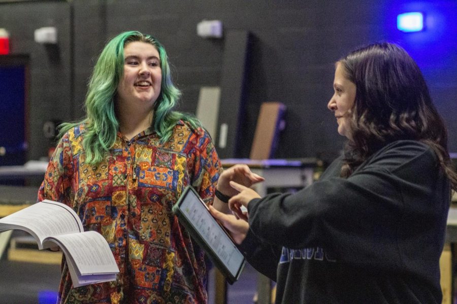 Olivia Enlow, a freshman theater major, rehearses lines as an understudy for Calliope, one of the nine muses, in Xanadu in The Theatre in the Doudna Fine Arts Center Wednesday night.