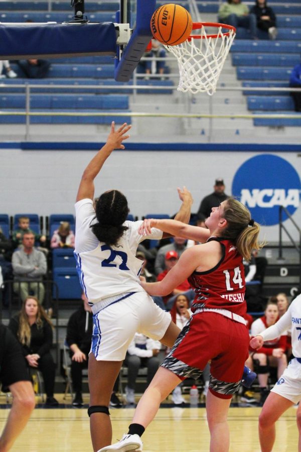 Guard, Lariah Washington (22), attempts to shoot the ball while being pushed out of bounds by SIUE Guard, Molly Sheehan (14). The Panthers won 88-79 on Thursday night.