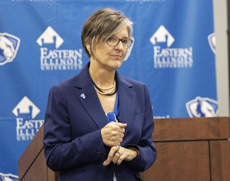 Diana Rogers-Adkinson, answers questions from students during her interview for Eastern Illinois Universitys next presidential candidate in the Arcola/Tuscola room of Martin Luther King Jr. University Union Tuesday afternoon. When asked about her values, Rogers-Adkinson answered that her first value is students are always first.