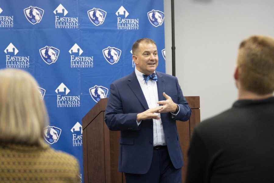 Jay Gatrell, the current provost for EIU and candidate to be the next president, introduces himself and answers various questions from a full room of students in the Arcola-Tuscola room of Martin Luther King Jr. University Union Tuesday afternoon.