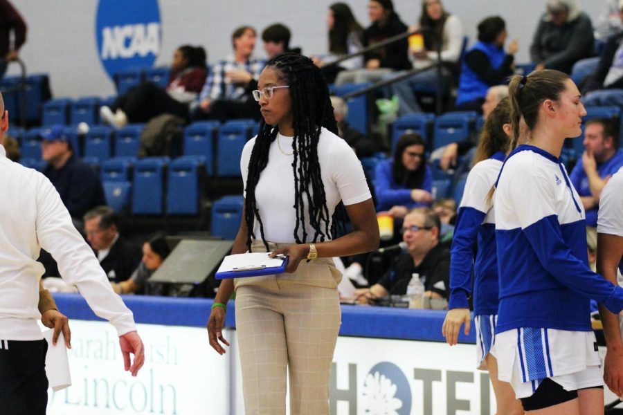 Mariah King, the EIU womens basketball assistant coach, gets ready to talk to the other coaches during a timeout at the teams game against Little Rock in Lantz Arena on Saturday.