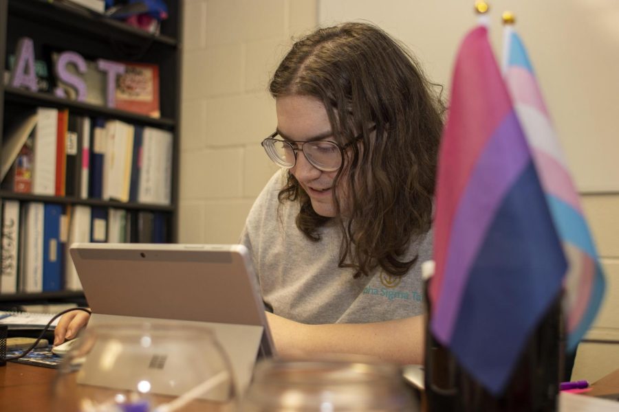 Student Body President Lucy Ade, a junior interpersonal communication major, works on Student Government Election marketing in her office in the Student Life Offices in the Martin Luther King Jr. University Union Friday afternoon.