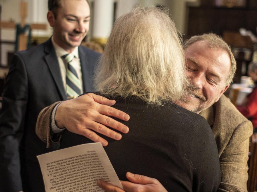 Cameron Craig hugs Gaye Harrison after the Sunday Service at the First Presbyterian Church Sunday morning. The two discovered the church and have been going together since the start of their relationship, around four years ago. 