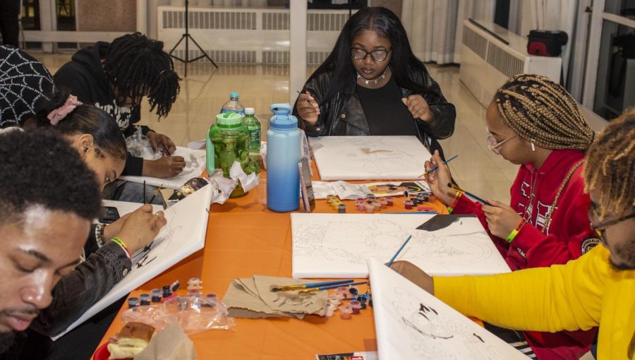 More than 50 students painted and listened to music at the Hip Hop and Paint and Sip in the University Ballroom in the Martin Luther King Jr. University Union Wednesday evening.