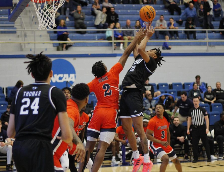 Kinyon Hodges (10), a junior guard, jumps and shoots the ball during the mens basketball game against the University of Tennessee-Martin Skyhawks at Lantz Arena Thursday night. Hodges led the Panthers with 14 points. The Panthers won 77-75. 